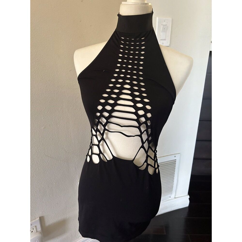 Dolls Kill Pink LipstickBlack Lattice Cutout Halter Bodycon Mini Dress One Size